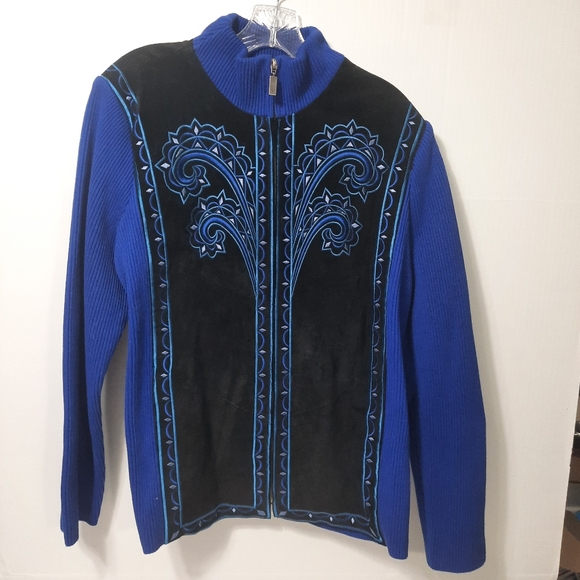 Bob Mackie Jacket Women's L Wearable Art Blue Embroidered  Suede Leather Knit - Picture 1 of 8
